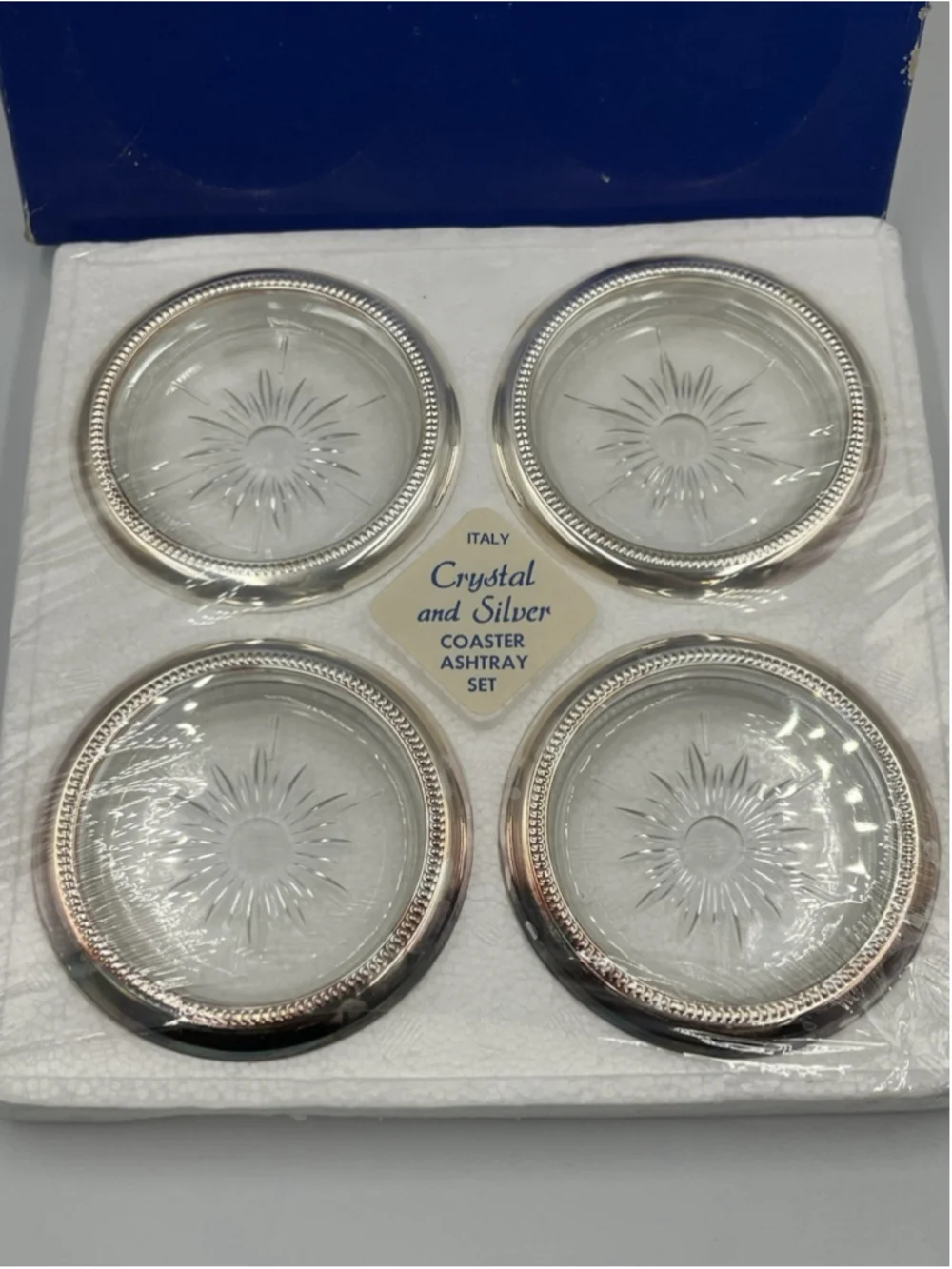 VTG Leonard Crystal Silver Plated 4 Coasters Starburst Pattern ITALY 25th Anniv